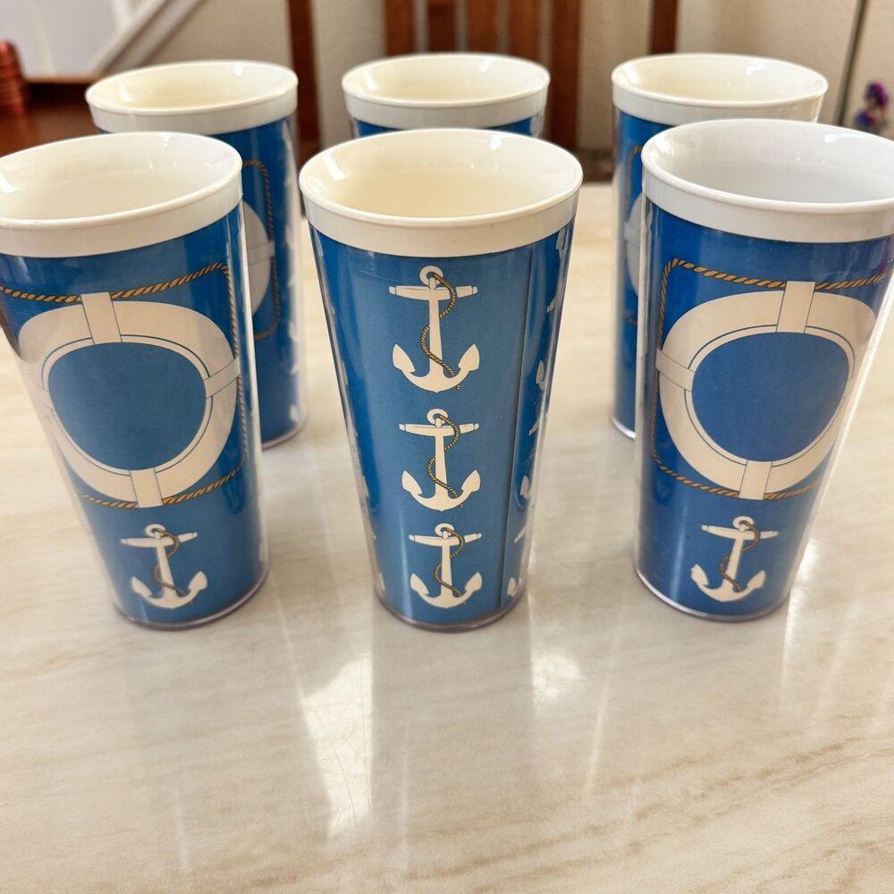 6pc Vintage Nautical Anchor Melamine Tumbler Blue White Cup Beach Cottage Ocean